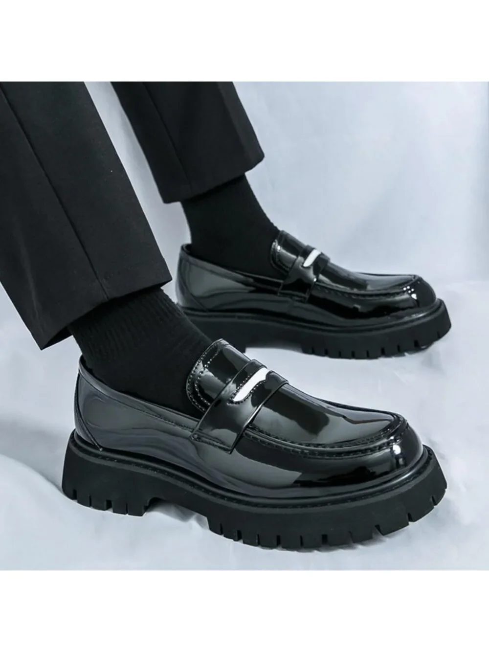 Men's White Black Chunky Platform Loafers Slip On Business Casual Dress Shoes